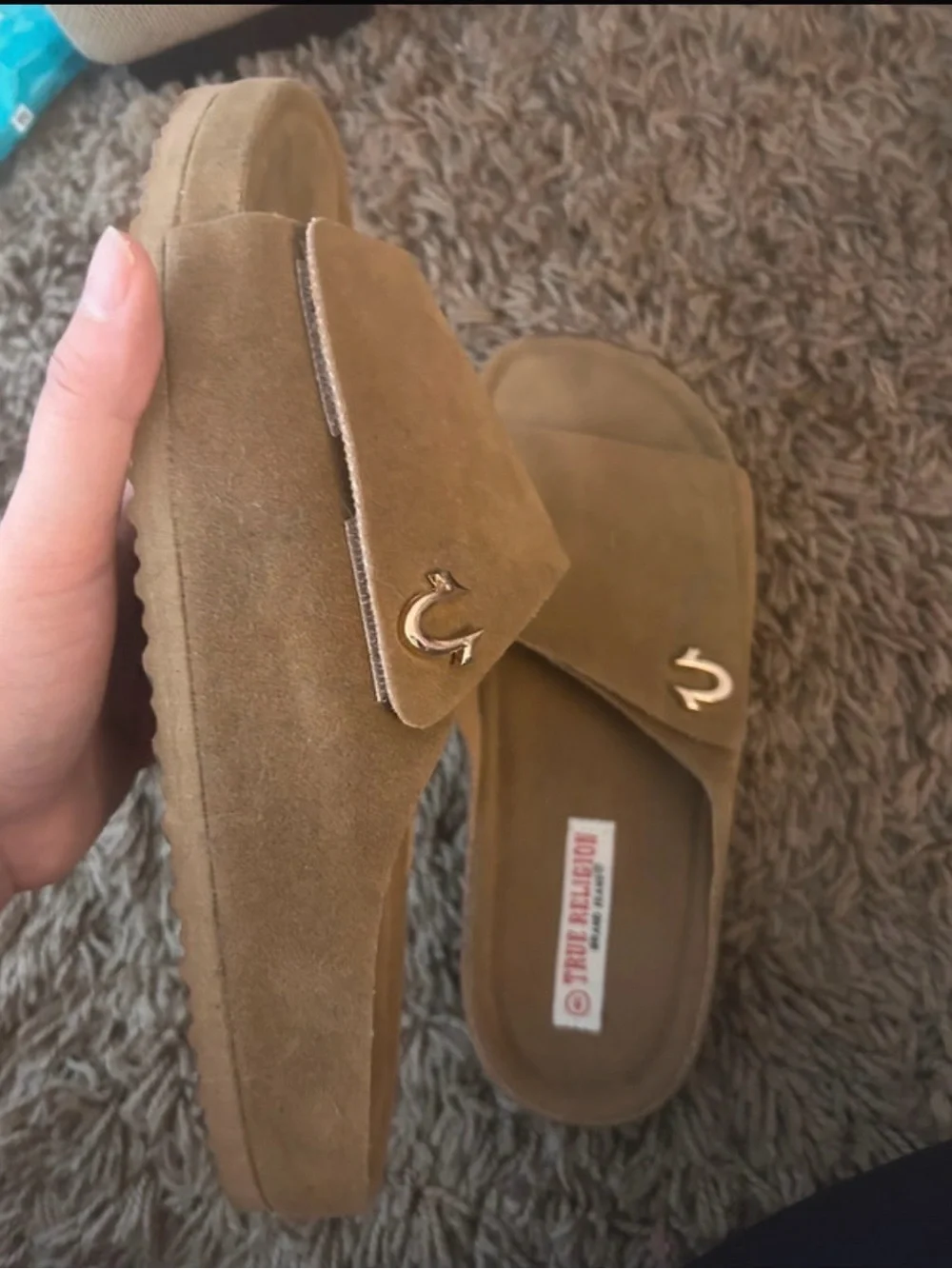 True Religion Suede Slide Sandals in Tan